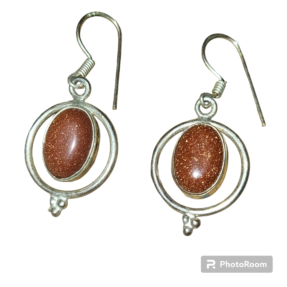 Vintage silver plated and goldstone dangle earrings with earwire clasp
